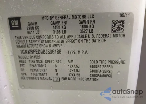 2011 Chevrolet Traverse Ls из США, поврежденный, VIN 1GNKRFED9BJ396186